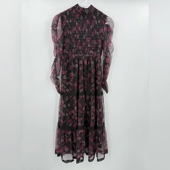 Jun & Ivy‎ Women’s Sheer Floral Tiered Maxi Long Sleeve Black/Burgundy Size XXS - Picture 2 of 6
